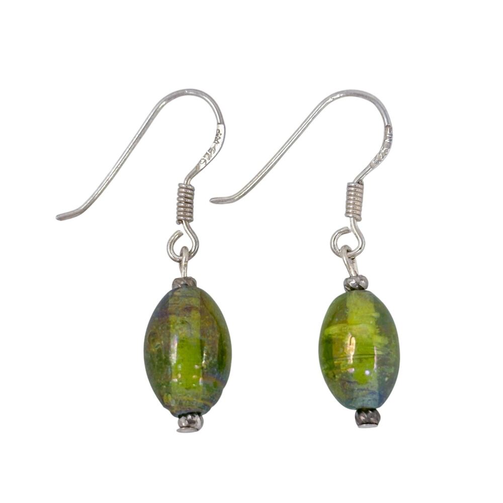 Vintage Sterling Silver 925 Green Glass Bead Drop Earrings